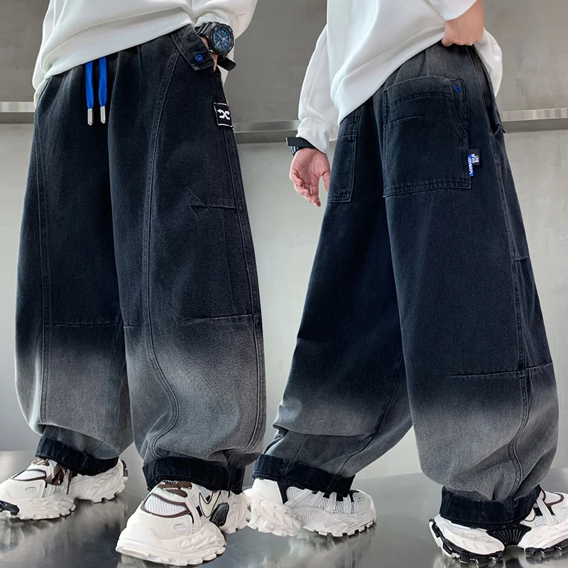 

Spring Autumn Korean Boys Black Baggy Jeans For Teenager Child Causal Trousers 5 6 8 9 10 12 14 Years Kids Gradient Denim Pants