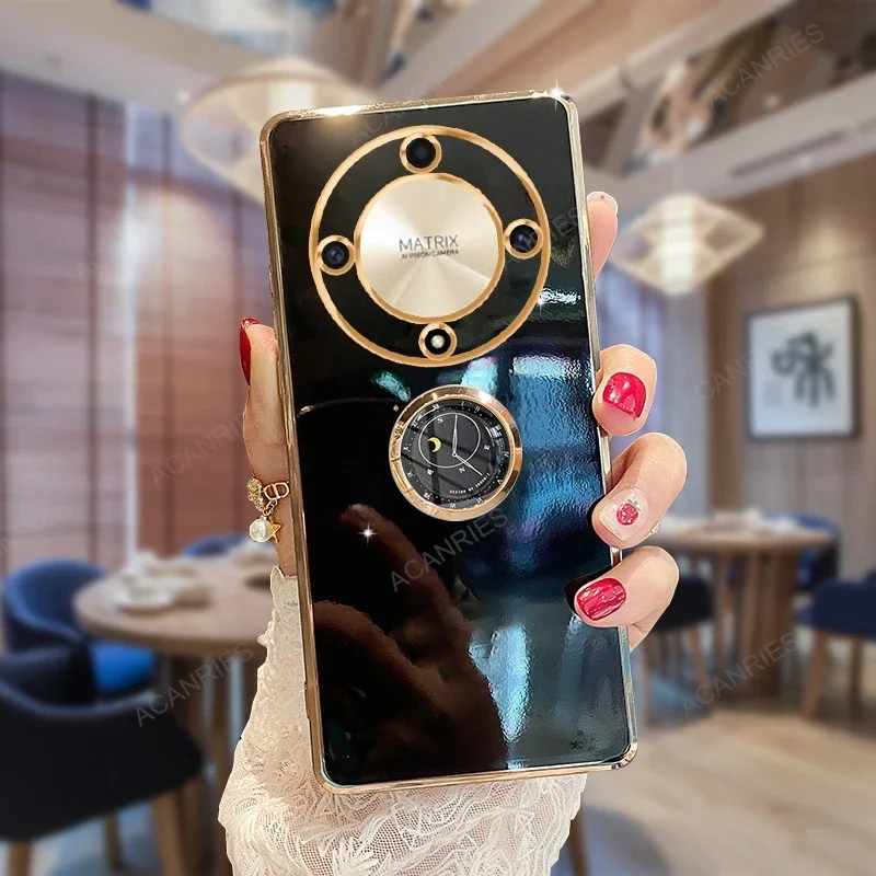 Magic6 Magic5 6lite 5lite Luxury Plating Ring Holder Stand Case For Huawei Honor Magic 6 5 Lite Pro 5g X9a X9b Silicone Cover