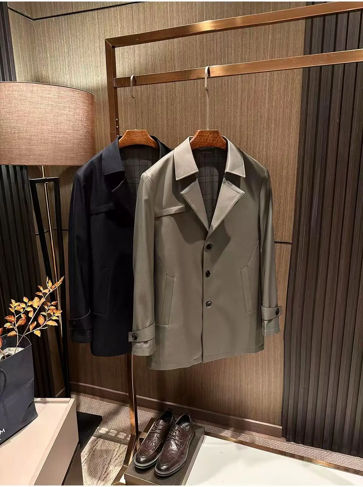 Autumn new men's solid color versatile lapel mid length trench coat jacket