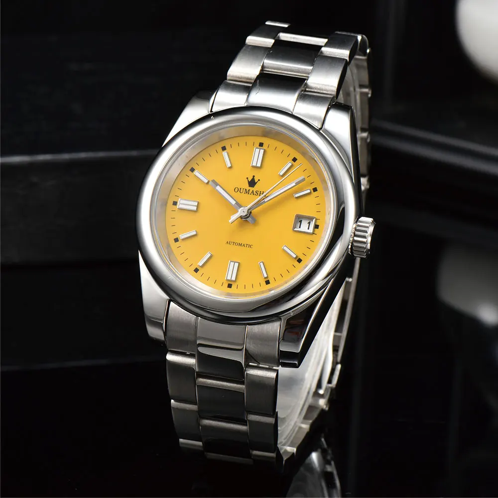 39 มม.นาฬิกาผู้ชาย NH35 อัตโนมัติ Sapphire Glass สายสแตนเลสปรับแต่งโลโก้ธุรกิจนาฬิกาผู้ชาย