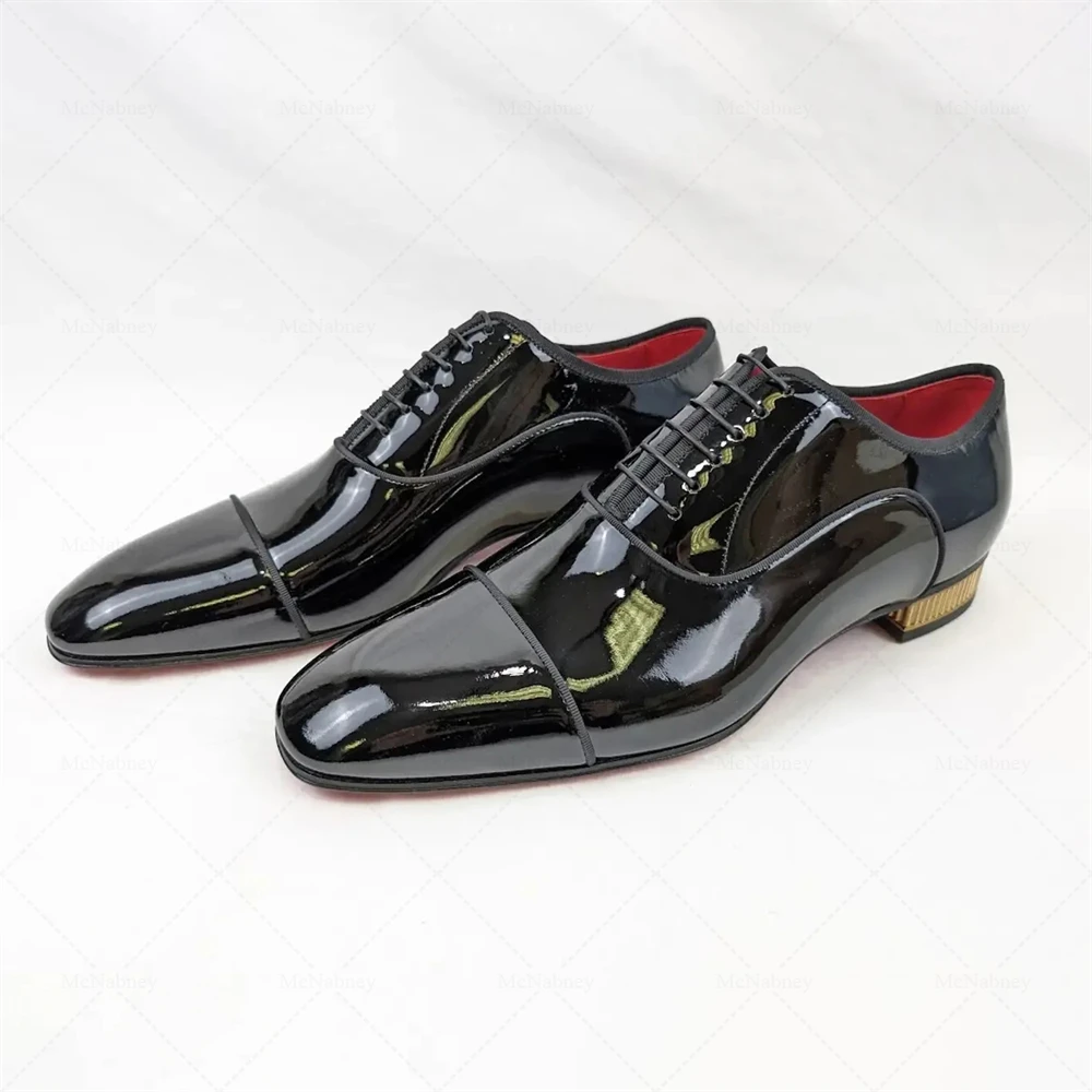 

Black Patent Leather Oxford Shoes Flat Gold Heel Lace up Round Toe Elegant Men Wedding Office Dress Shoes Dailywear Plus Size