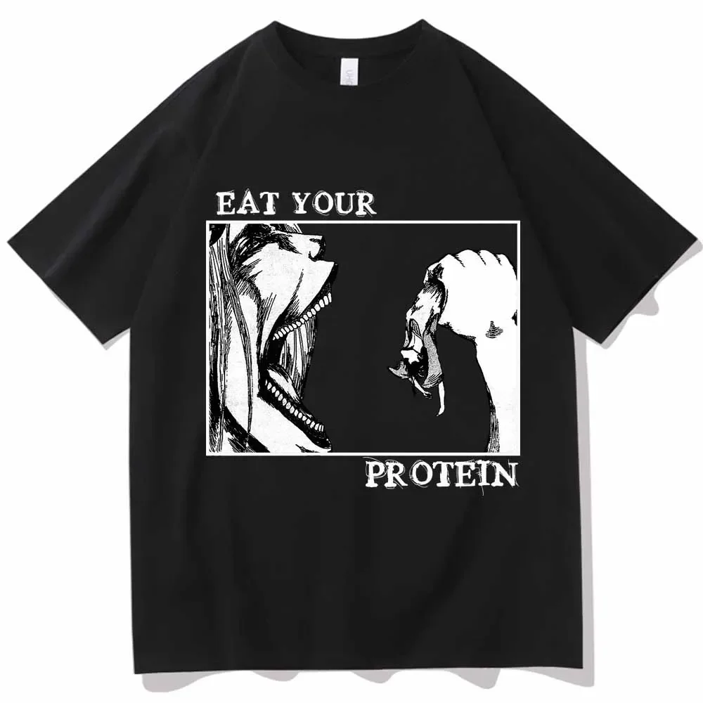 

Men's abstract "Eat Your Protein" pattern printed 100% pure cotton short-sleeved T-shirt casual wear top