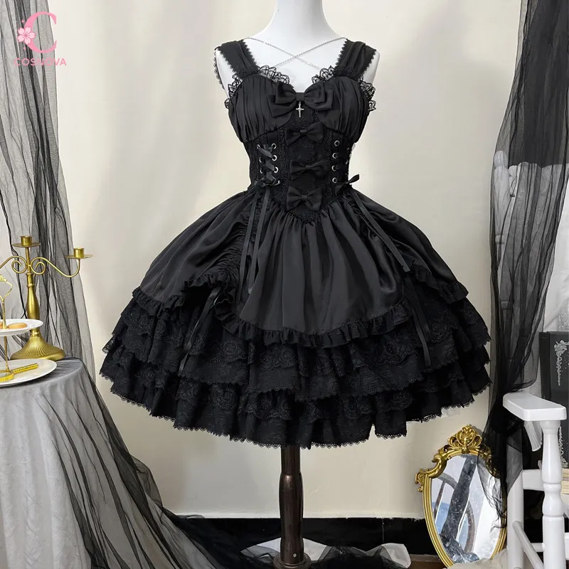 

Gothic Dark Lolita Lace Ruffle Corset Lace Up Bow Women Layered Ruffled Lace Bow Design Dresses Gothic Party Female Chic Clothes