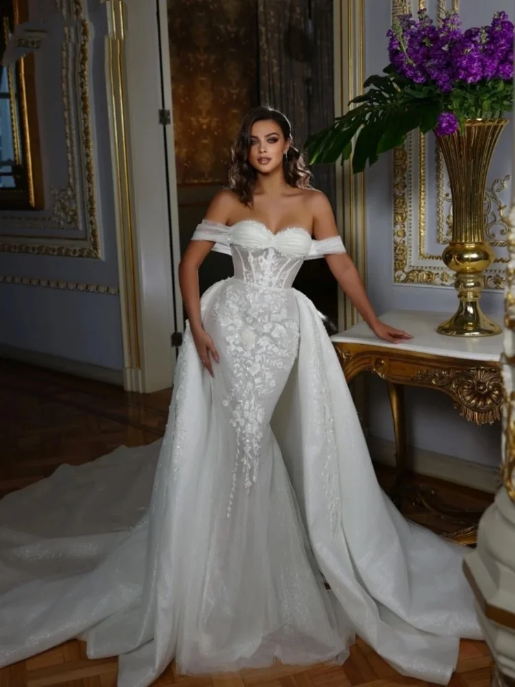 원 라이프 맞춤형 보트넥 머메이드 웨딩드레스 비즈 레이스 아플리케 시스루 브라이덜 가운 탈부착 가능한 트레인 포함