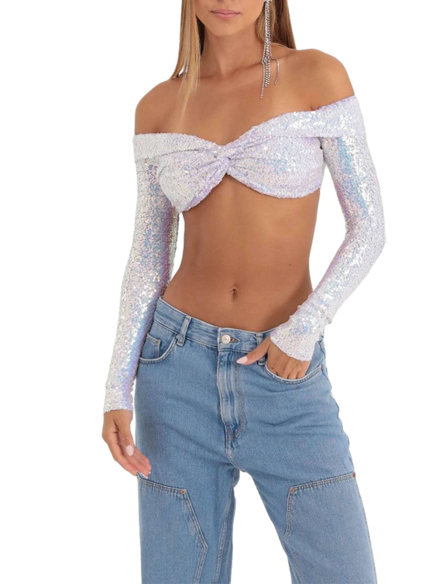 Frauen funkelnde Pailletten Ernte Top Off Schulter Glitter Langarmhemd Streetwear Clubwear E-Girl Mode schimmernd