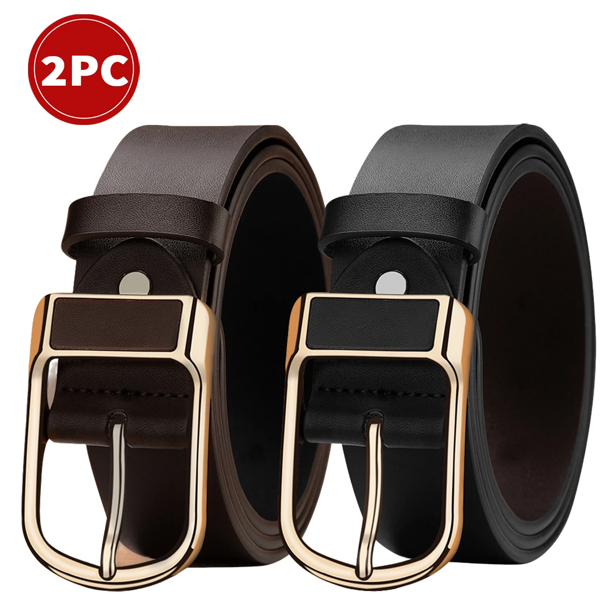2 Pack Men's Sleek Belts, Minimalist Rectangle Alloy Pin Buckle Dress Belts, Business Office Daily Casual Wear