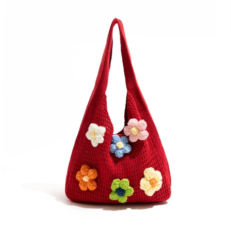 Yellow White Red Knitted Crochet Blue Pink Flower Shoulder Bag Cottage Core Casual Woven Hobo Tote Commuter Handbag For Girls