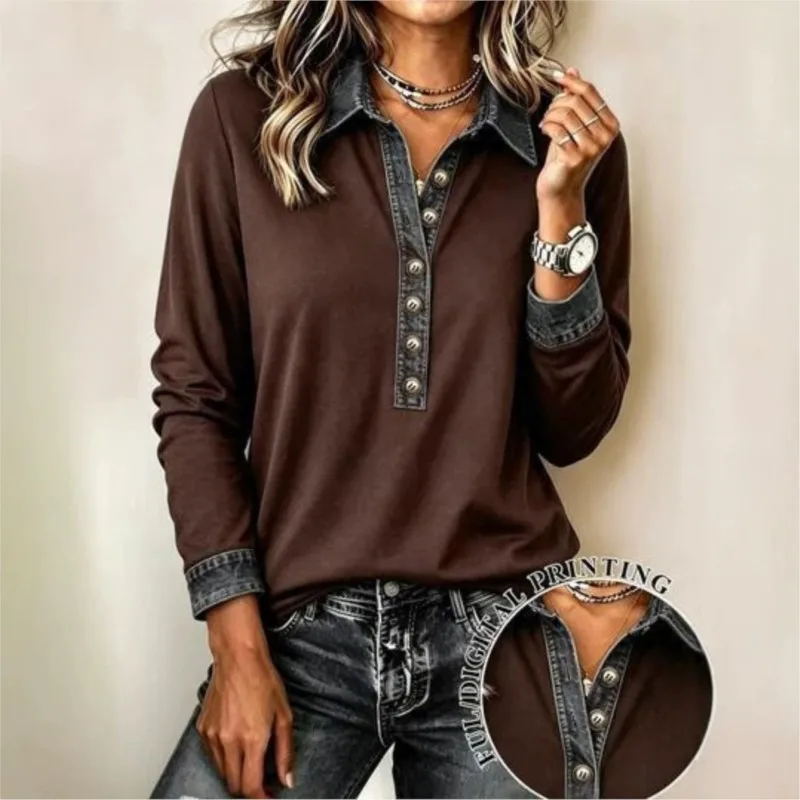 Spring Fall Blouses T-shirt Women's Denim Patchwork Flared Collar Long Sleeve Semi-Open Button Loose Casual Shirt Women Clothing