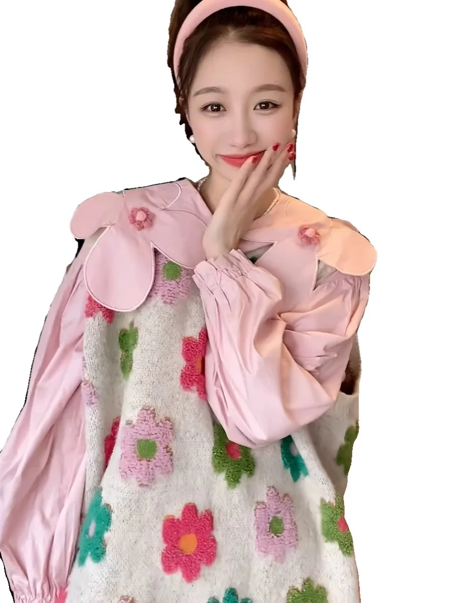 Pull tricoté coréen pour femmes, grande taille, gilet rond Ne Svel, vêtements d'extérieur, broderie florale, nouvelle collection automne hiver