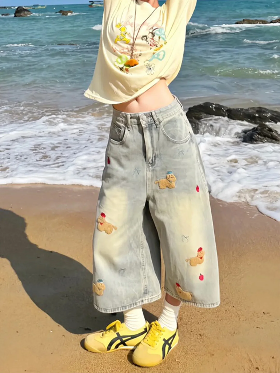 

Slimming Effect Seven-Foot Loose Women's Jeans Retro Dopaamine Cartoon Dog Embroidery High Waist Wide Leg Summer New Style