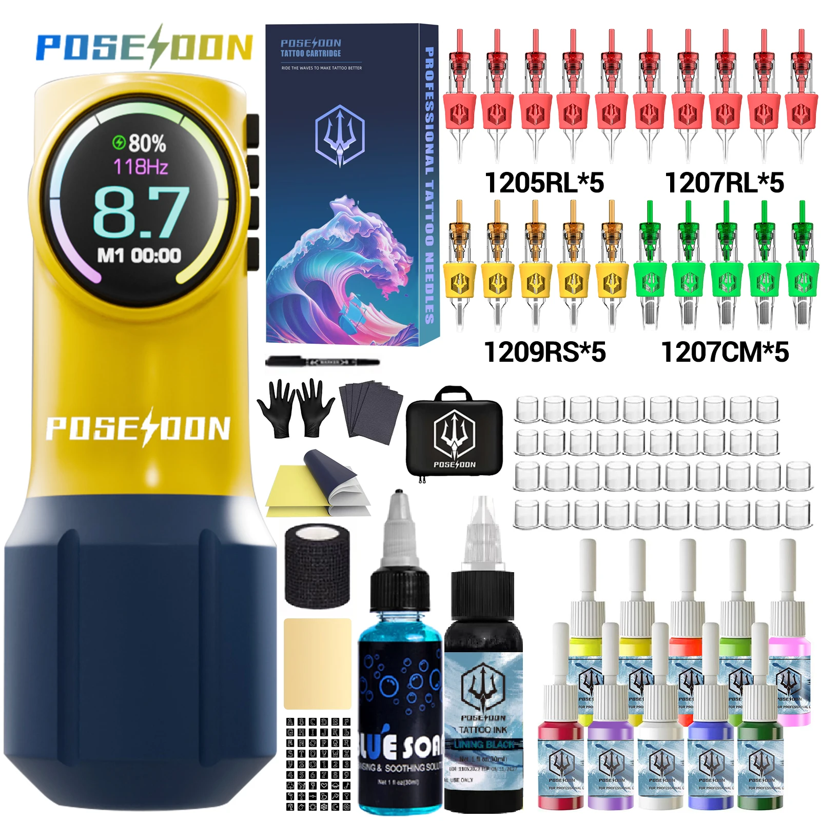 Zestaw do tatuażu POSEIDON Cute Yellow Tattoo Pen Kit do makijażu permanentnego Zestaw do tatuażu Nowy zasilacz do tatuażu Zestaw pistoletu do tatuażu