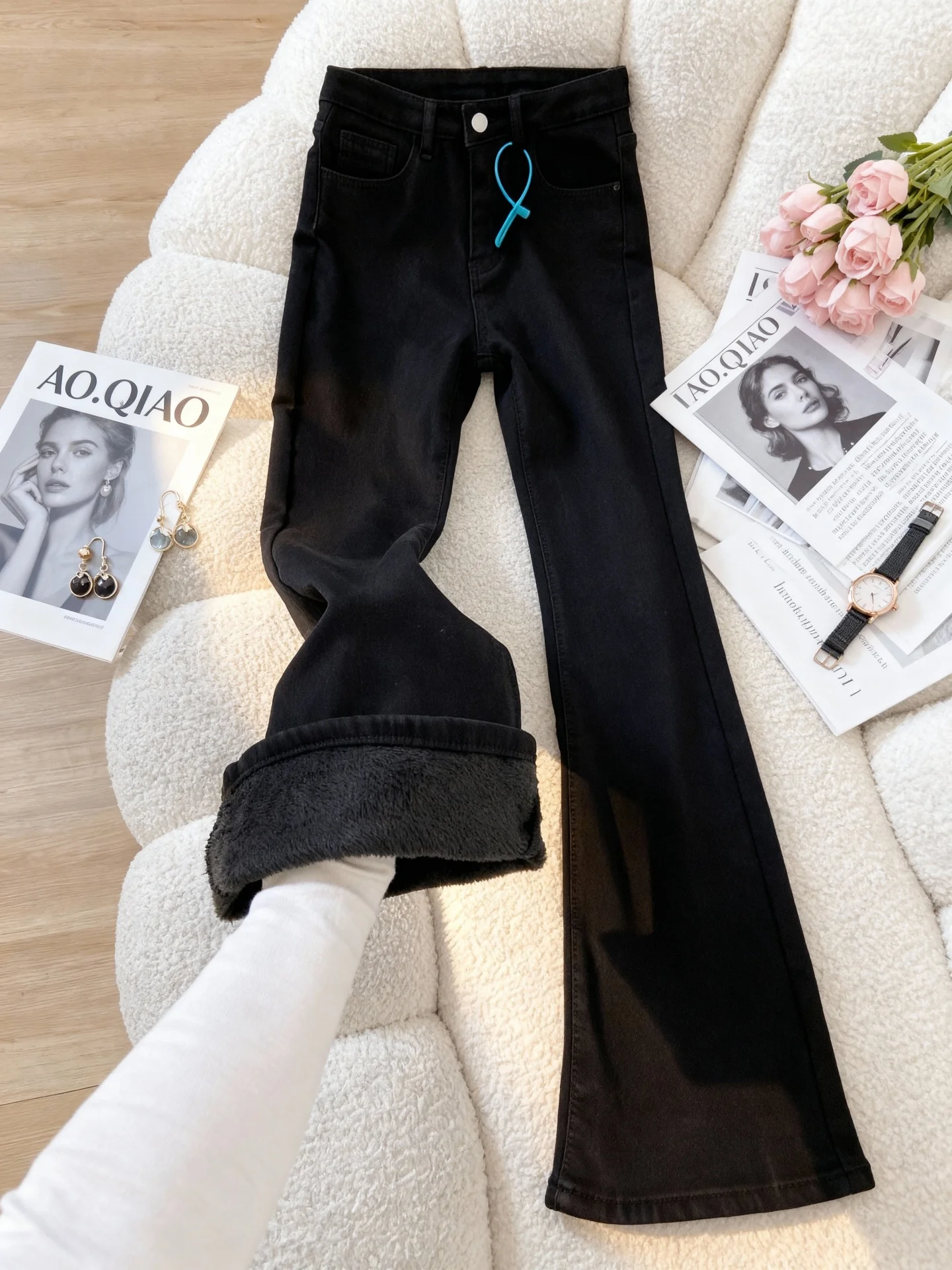 

Плюс размер Fce Lined Thi прямые джинсовые джинсы женские с высокой талией для похудения эластичные расклешенные брюки повседневная одежда