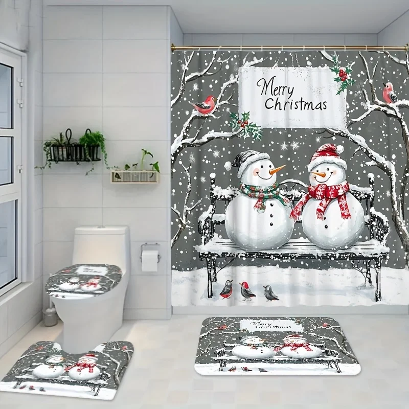 1pc/3pcs/4pcs Christmas Theme Bench Under the Tree with Two Little Snowmen, Birds and Letters Shower Curtain Bathroom