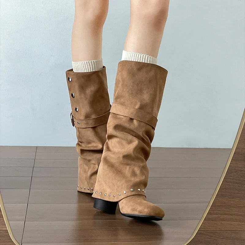 Women Knee High Boots Metal Buckle Strap Round Toe Square Heel Shoes Autumn Winter Ladies Daily Leather Pants Tube Long Booties