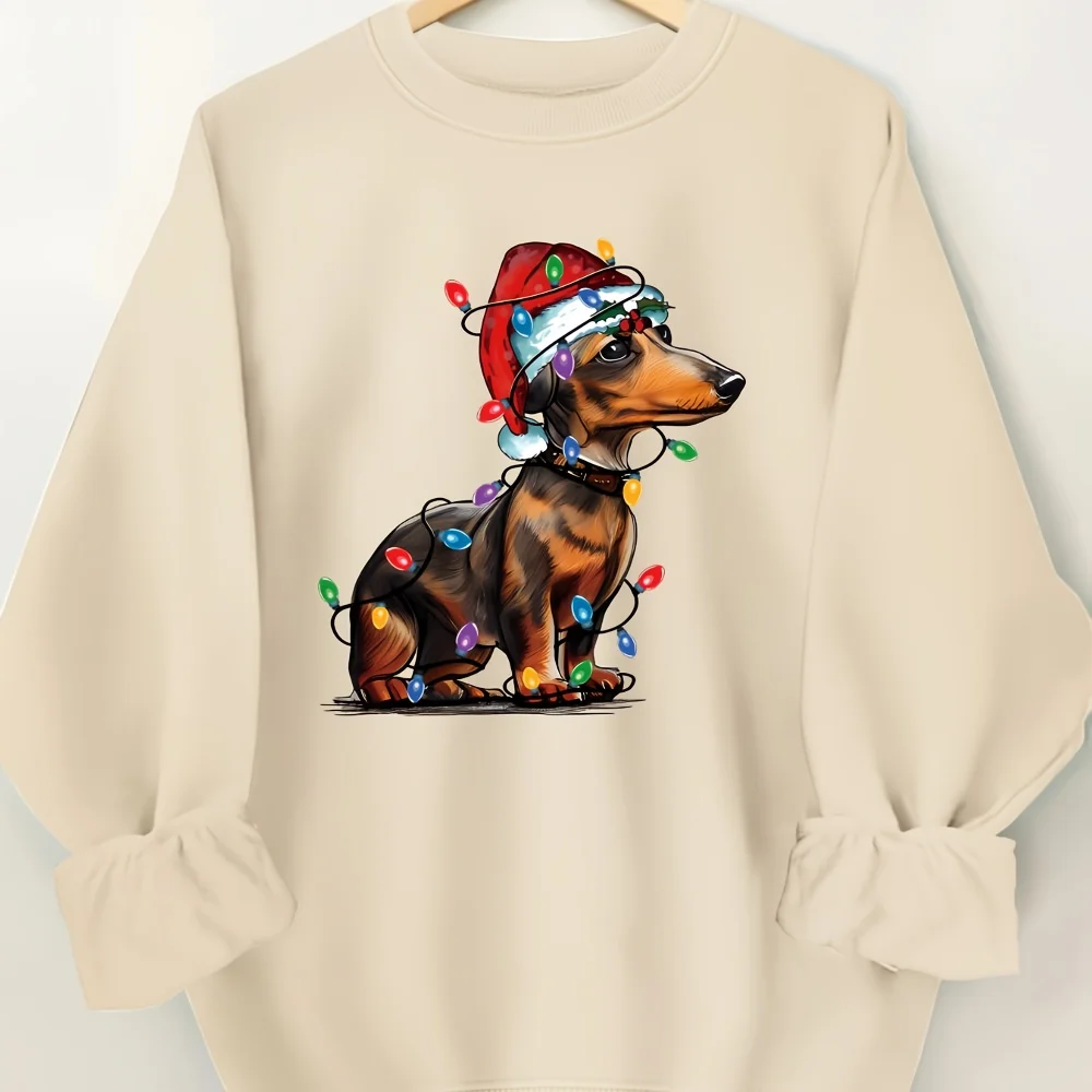 Christmas Style Light String Sausage Dog Pattern Printed Women\'s Hoodie Casual O-neck Pullover Comfortable All Season Top