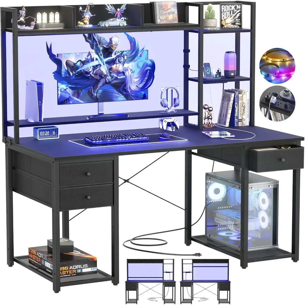 

Aheaplus Desk with LED and Outlets, Gaming Desk with Hutch, 47.2'' Computer Desk with Drawers, Reversible Office with Storage