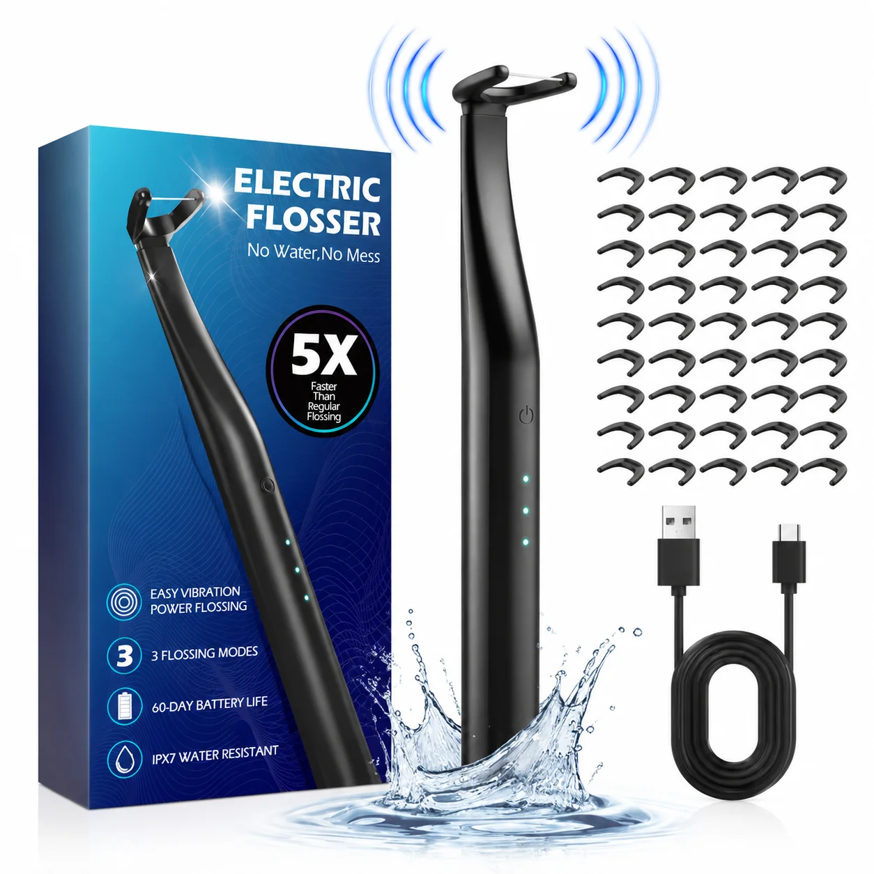 電動歯間ブラシ、ポータブルタイプ、type-c充電式、3段階の速度調整機能付き、45個の交換用歯間ブラシヘッド付属、大人の歯茎ケア用。