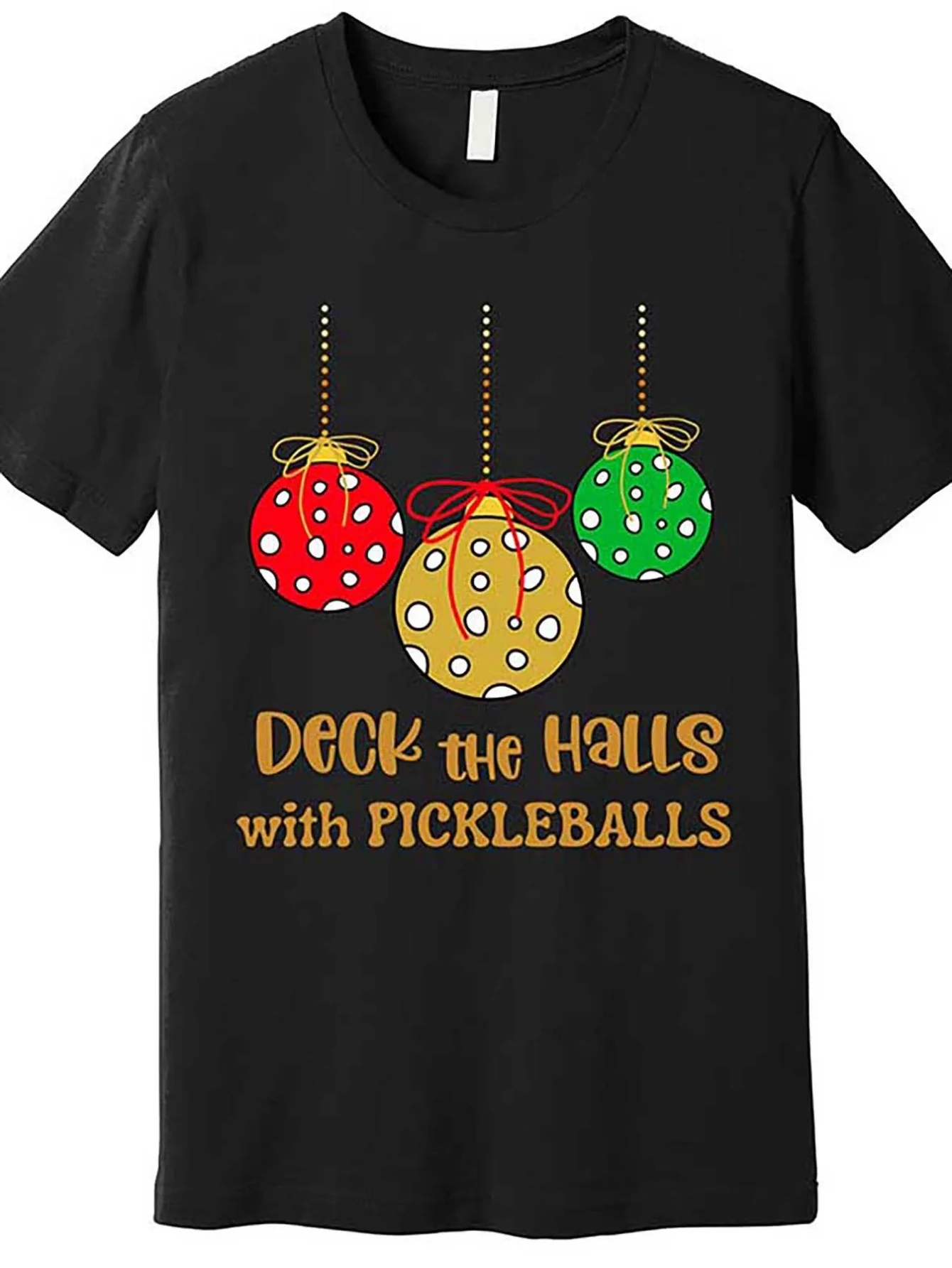 Funny Christmas Pickleball Party T-Shirt - Deck The Halls with Pickleballs Graphic Tee - Black Retro Holiday Shirt