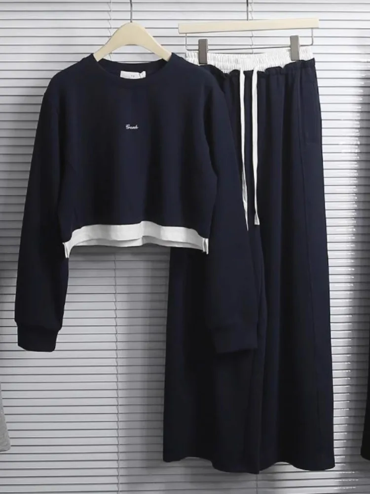 

Advanced Casual Sports Set For Women'S Spring And Autumn Vacation, Two Short Hoodies Paired With Loose Wide Leg Pants, Two Piece