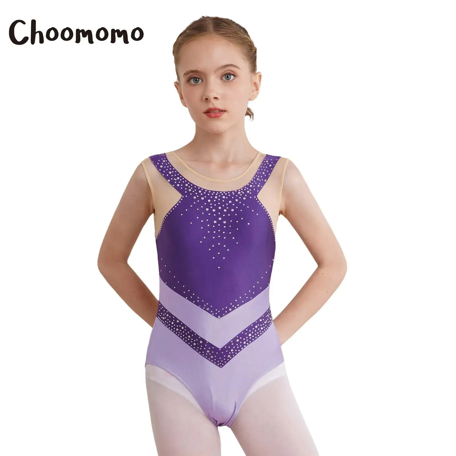 Kids Girls Sleeveless Gymnastics Leotards Sparkling Rhinestones Ballet Dance Tumbling Bodysuits Athletic Unitards Activewear