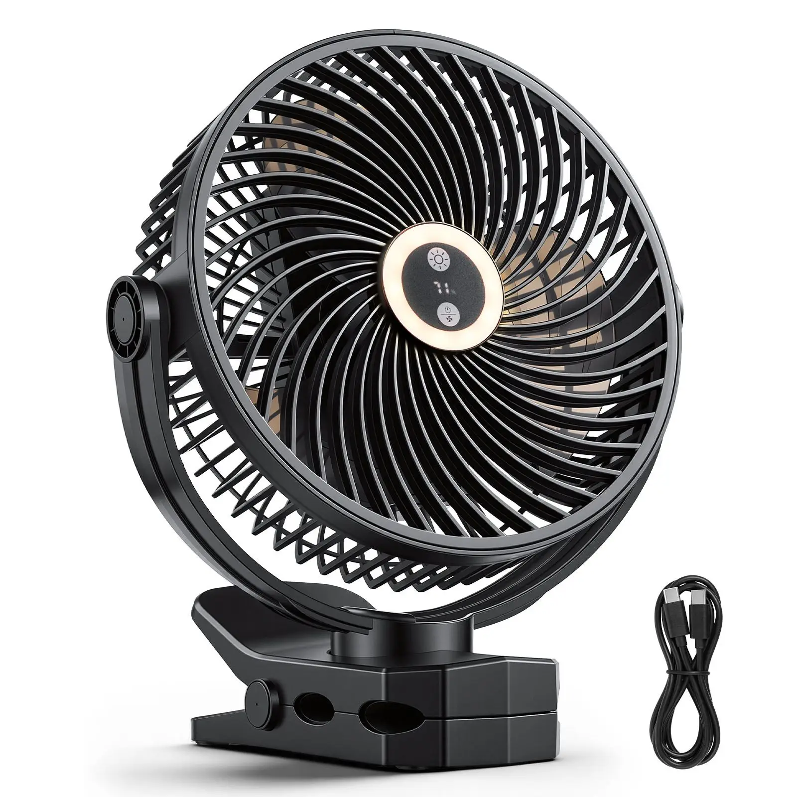 Portable Clip Fan, Rechargeable Clip On Fan with Light, USB Port with 3 Speeds & Circulation Mode, Strong Airflow Sturdy Clamp,