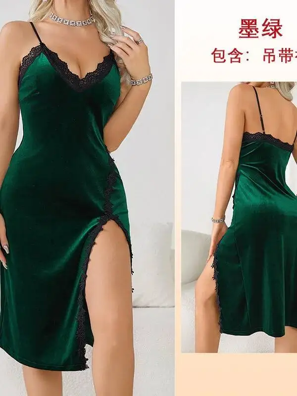 섹시한 벨벳 레이스 패치워크 캐미솔 나이트드레스 여성용 슬릿 롱 홈웨어 캐주얼 퓨어 디자이어 엘레강트 스타일 드레스 T4U7