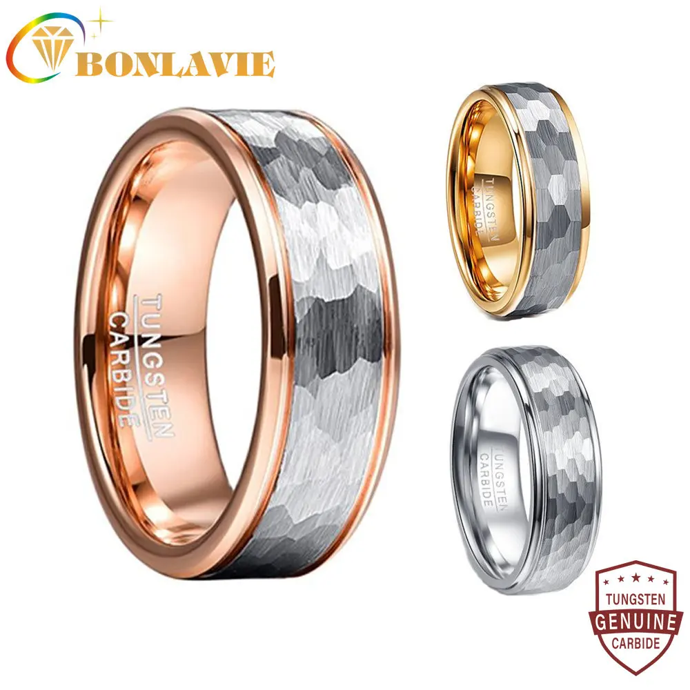 BONLAVIE 8mm Tungsten Carbide Ring Steel Hammered Fine Groove Rose Gold Color Tungsten Steel Ring Wedding Jewelry Best Gift