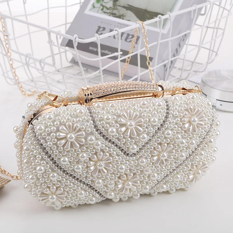 Fashion handmade party white beaded purse pearl clutch bag Handmade pearl diamond luxury sequins party ladies evening bag