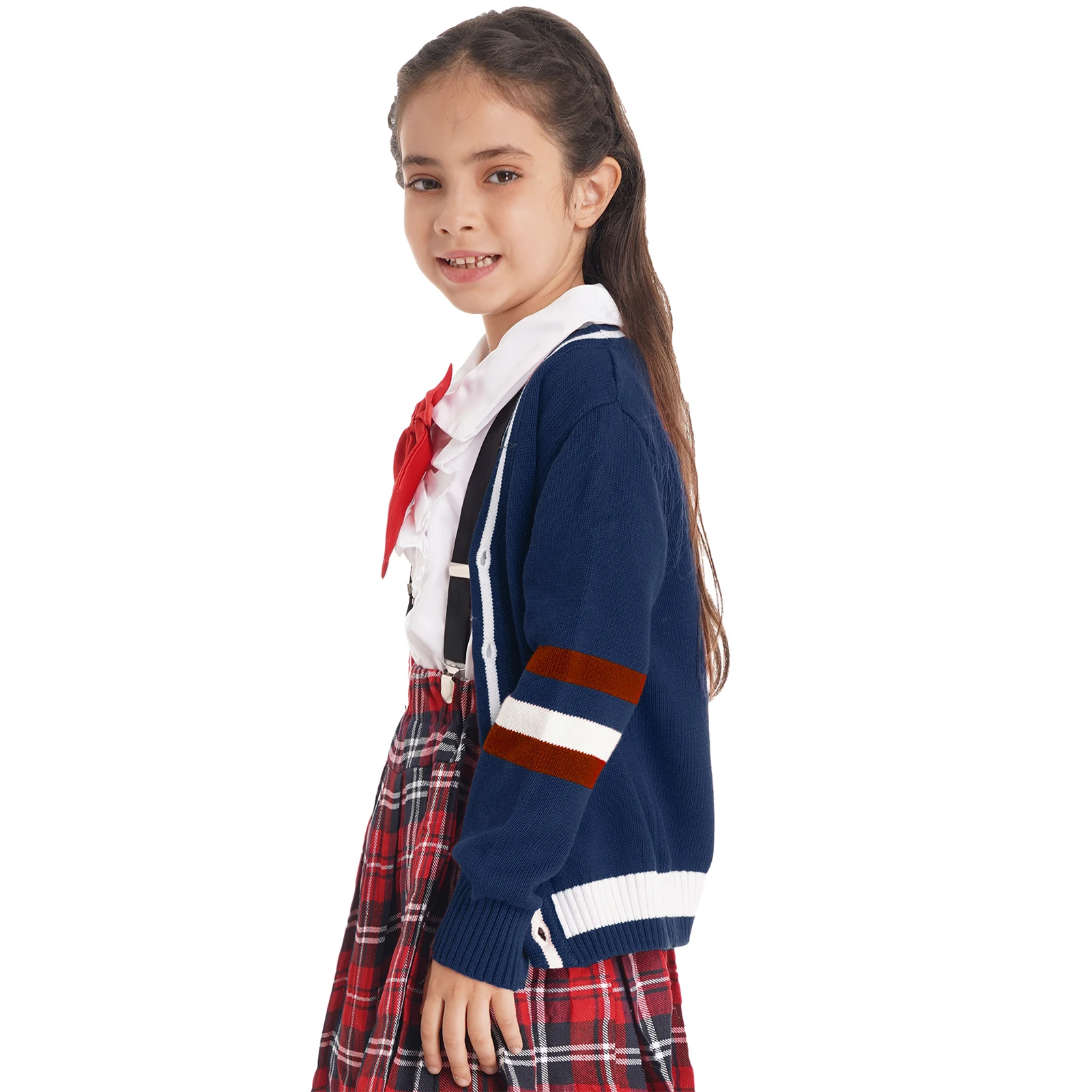 Kids Girls Student School Uniform Outerwear Casual Knitting Sweater Long Sleeve Preppy Style Cardigan Coat Schoolgirl Costume