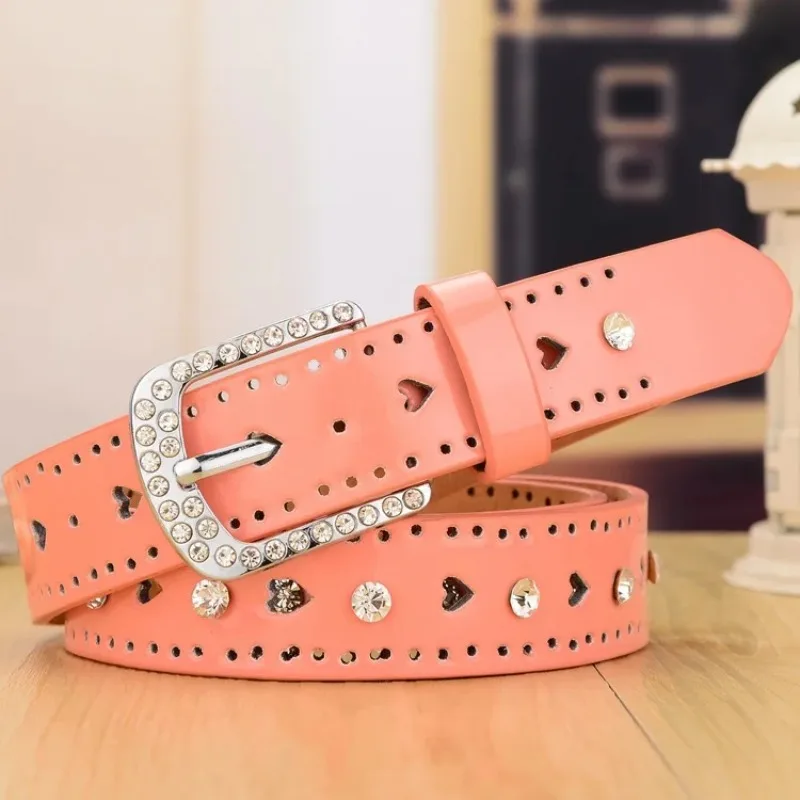 Korean-Style Candy-Colored Instagram-Style Heart-Decorated Thin Belt; Fashionable Rhinestone Heart-Shaped Women’s Buckle Belt