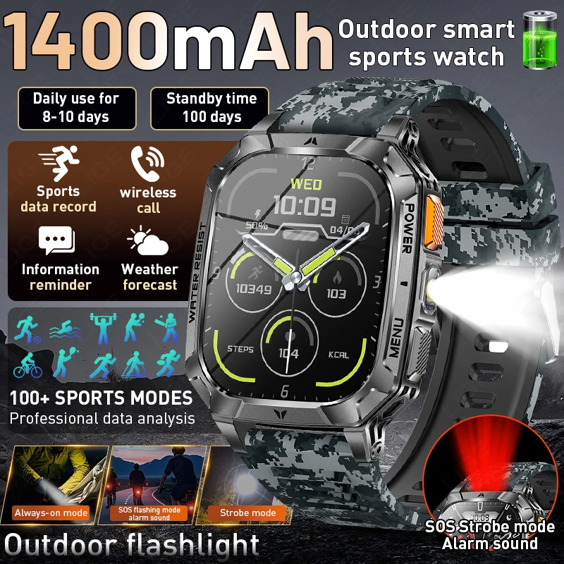 

Смарт-часы военного класса для мужчин, уличные спортивные часы с аккумулятором 1400 мАч, фитнес-часы с Bluetooth-вызовами, 2,01-дюймовый ультра AMOLED смарт-часы