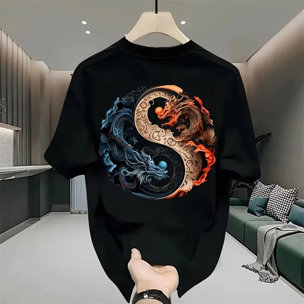 

2025 Dragon Yin Yang Graphic Men's T-Shirt Chinese Style Fire Ice Twin Dragons Print Tee for Men Oversized Streetwear Top