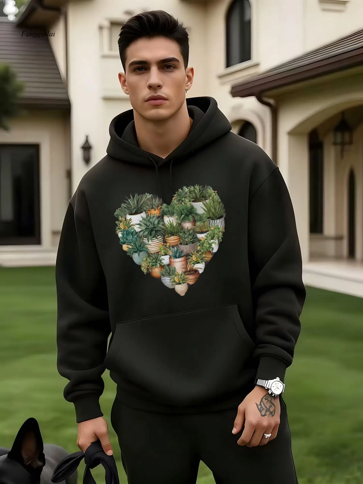 

Черная толстовка с дизайном суккулентов и горшечных растений в форме сердца | Повседневная толстовка с капюшоном и длинными рукавами