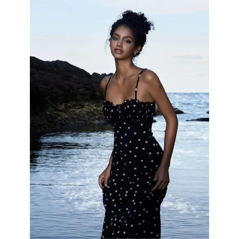 Robes à bretelles Spaghetti imprimées à pois pour femmes, tempérament français, Sexy, coupe basse, dos nu, paquet de hanches, robe moulante, été