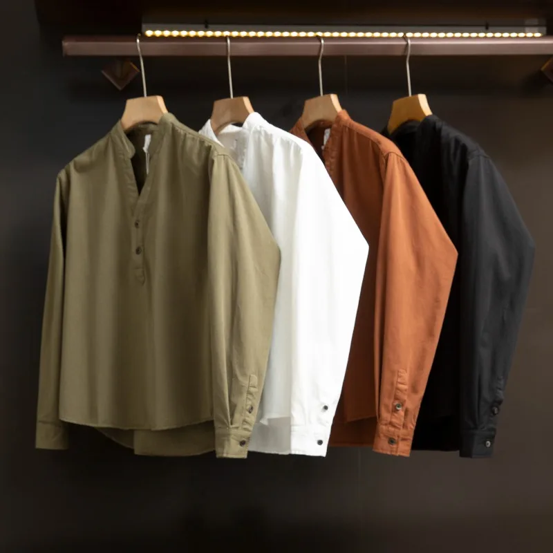 

V neck Shirt for Man Cotton Elegant Mens Spring Autumn 2025 Japanese Style Long Sleeve Fashion Streetwear solid shirt blouses