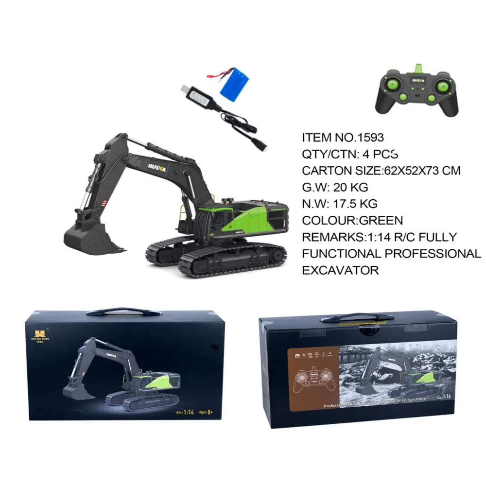 New Huina 1593 2.4g 22 Channel 1:14 Multifunctional Screw Drive Alloy Excavator Model Engineering Vehicle Track Toy Gift