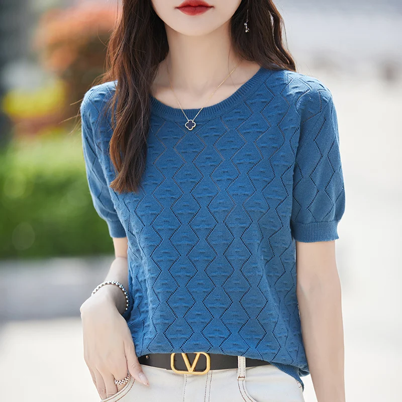 Women\'s T-shirt Summer 100% Cotton Sweater Short Sleeve Fashion Knitted Round Neck Ladies Tops Loose Blouse Pullover Hollow Tees