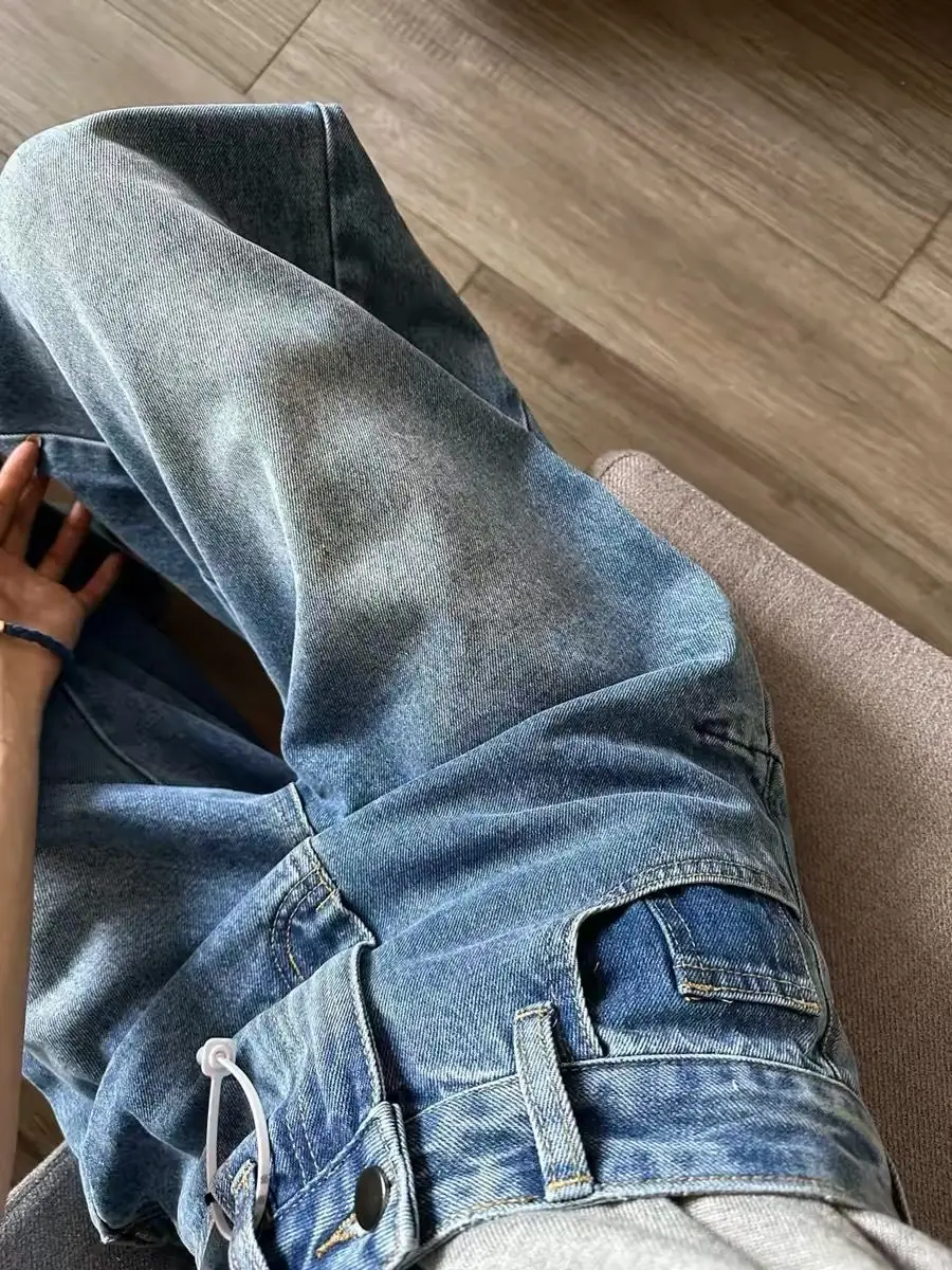 Y2K American Style Pleated Deconstruction Curved Knife Jeans Women Summer Lazy Old Money Wide Leg Pants