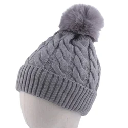 Warm Fleece Lined Hat Women Winter Beanies Cable Knitted Pom Pom Hat Plain Skullies Olive Green Black Grey White Beige Pink