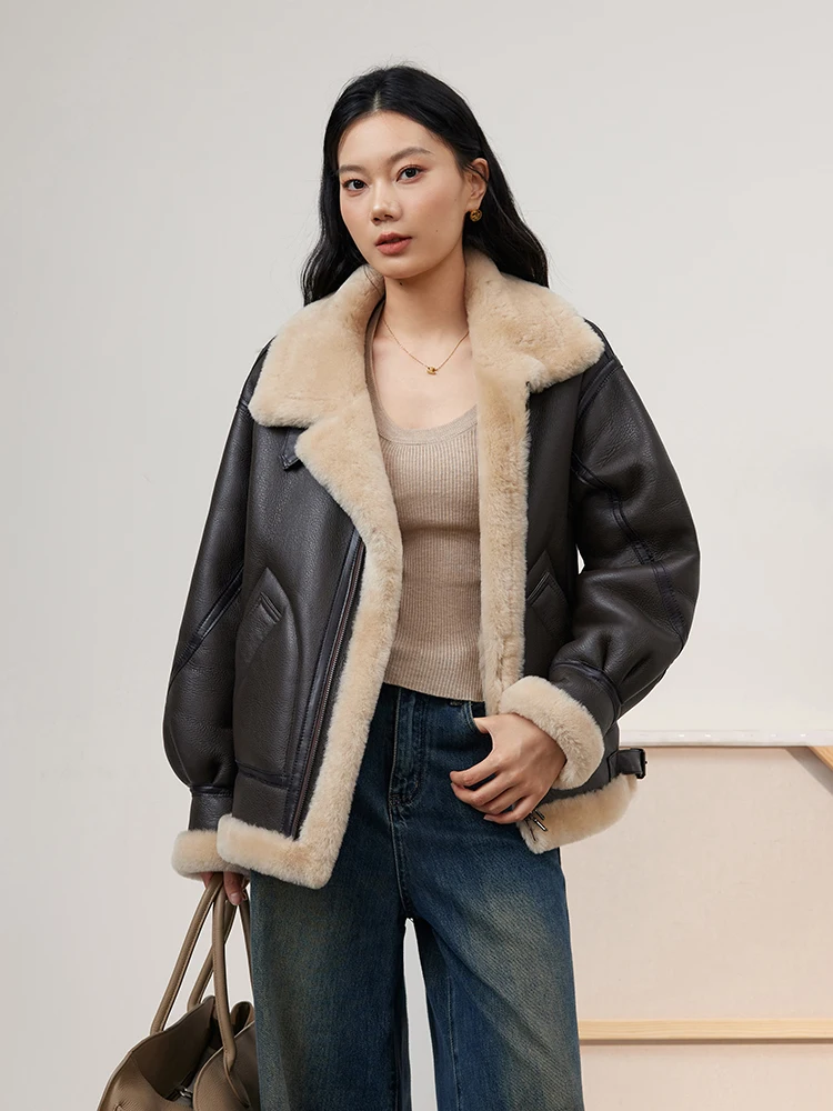 High-end Luxury Merino Sheep Fur Winter Motorcycle Jackets for Women Simple Thickened Warm Genuine Leather Real Lamb Fur Coat