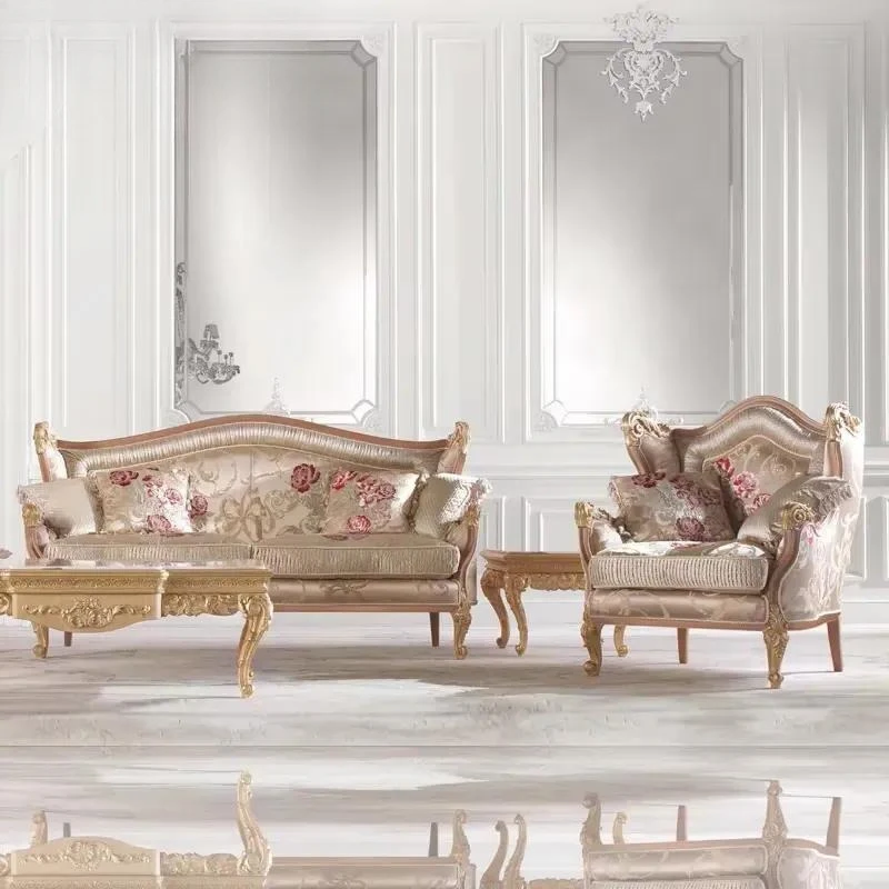 European Neoclassical Solid Wood Carved Sofa Fabric Combination Modern Gold Foil Customized Living Room Furniture