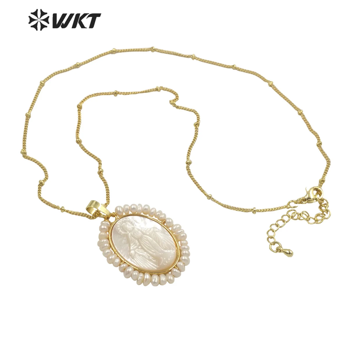 

WT-JN158 Wholesale Popular Handmade wire wrapped Freshwater pearl pendant necklace gold plated white Pearl shell Virgin Mary