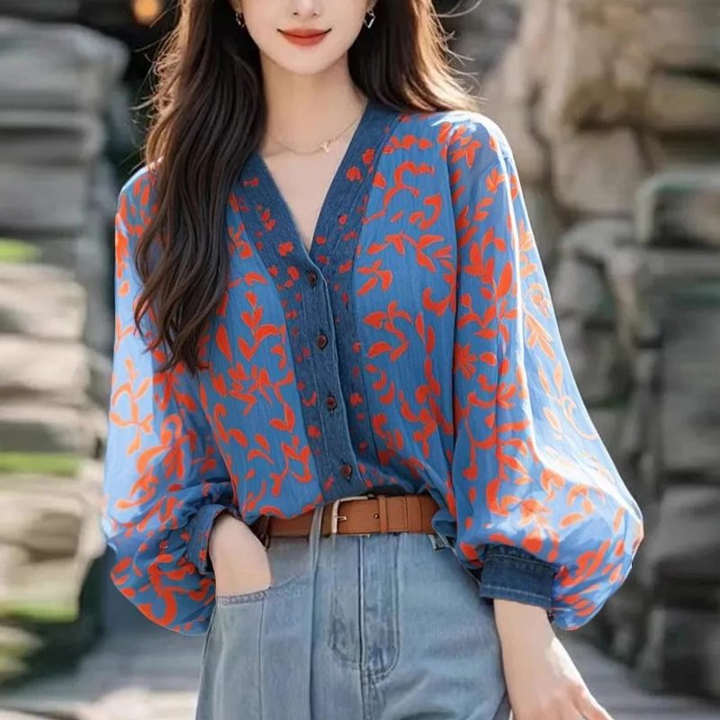 Women's Clothing Stylish Print Patchwork Button Up Shirt Elegant Chic Sweet Fairy Blouse Casual V Neck Lantern Long Sleeve Tops