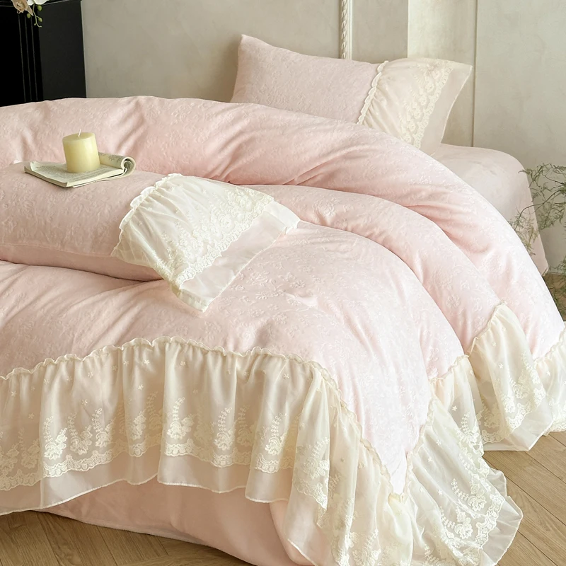 Romantic Double Layer Lace Ruffles Luxury Princess Bedding Set Velvet Warm Duvet Cover Flat/Fitted Bed Sheet Pillowcases 4Pcs