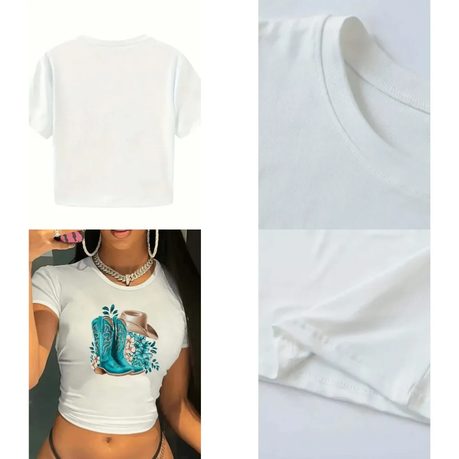 【Nuevo estilo】Top corto para mujer, informal de verano, top corto blanco con estampado de botas vaqueras turquesas, para primavera, verano y otoño.