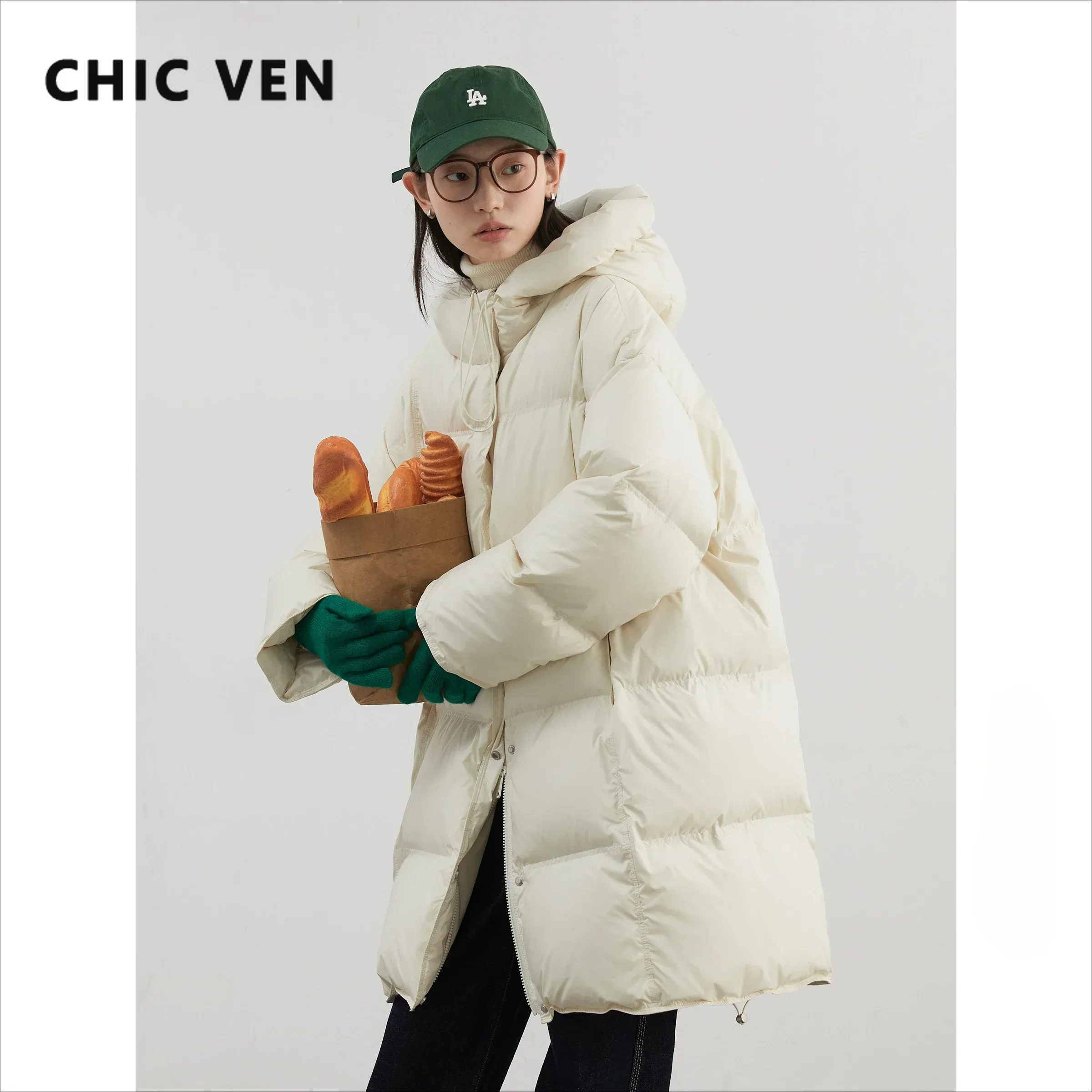 CHIC VEN Women Down Coats Loose New 90 White Duck Down Jacket Średnio długa kurtka puchowa z kapturem Jesień Zima 2024