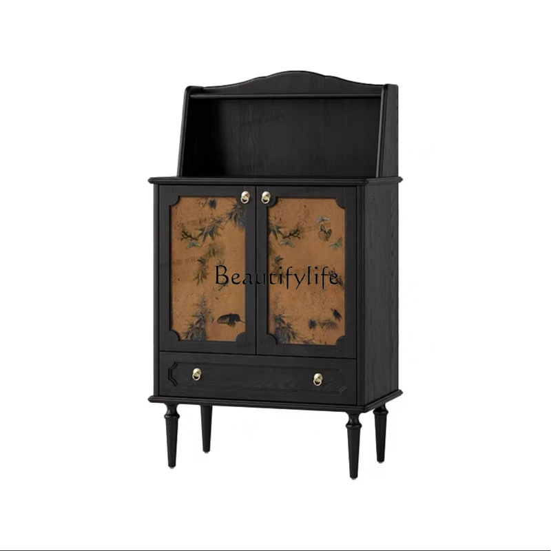 

French retro solid wood black small apartment, antique dining side cabinet in the cabinet next to the sofa