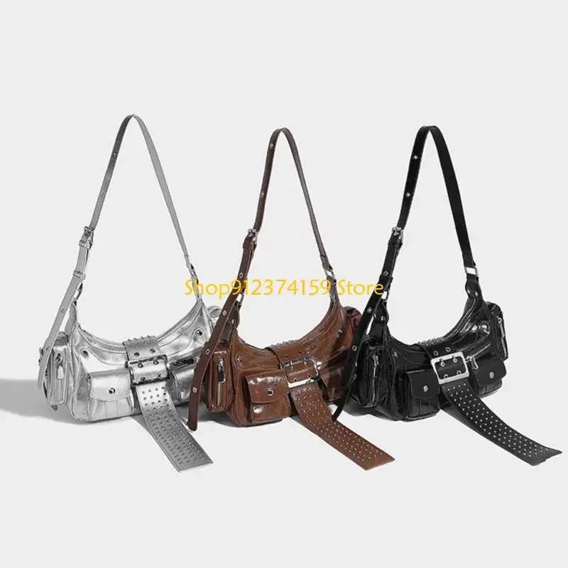 

G5AE Fashion Motorcycle Underarm Satchel PU Leather Shoulder Bag Punk Rivets Crossbody Handbag Purse with Adjustable Strap