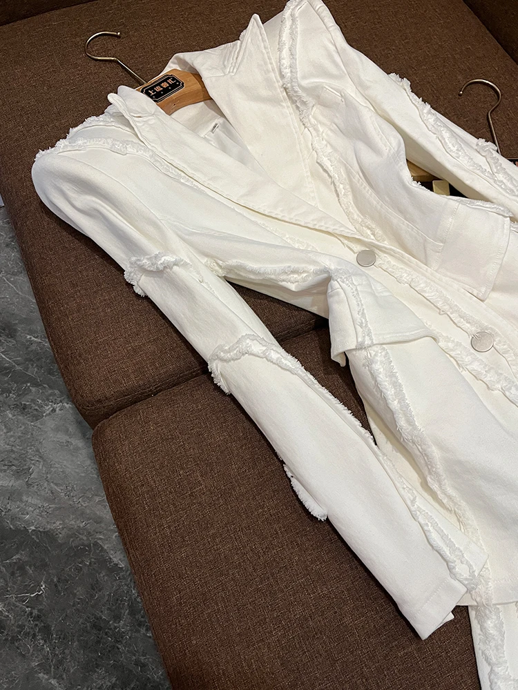 

Faionable Thiened Denim Jaet And Pants Set with Fringe Ele oulder Pads for Women Cotton Two-Piece Suit