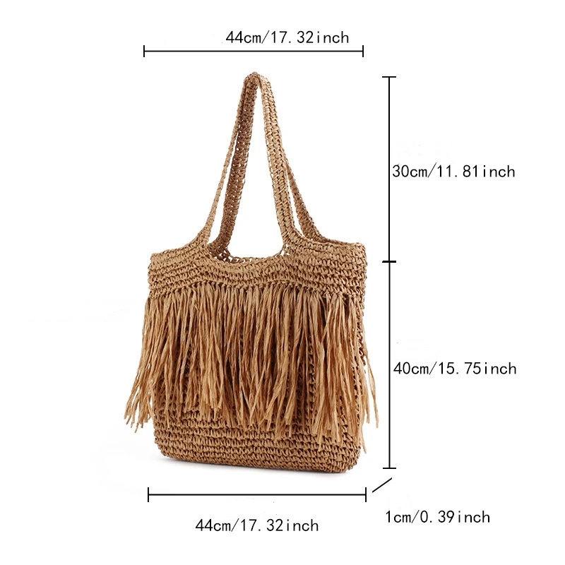 Bolsa de ombro de palha feminina feminina, sacola de praia feminina, artesanal, casual para férias, grande capacidade, borla, verão